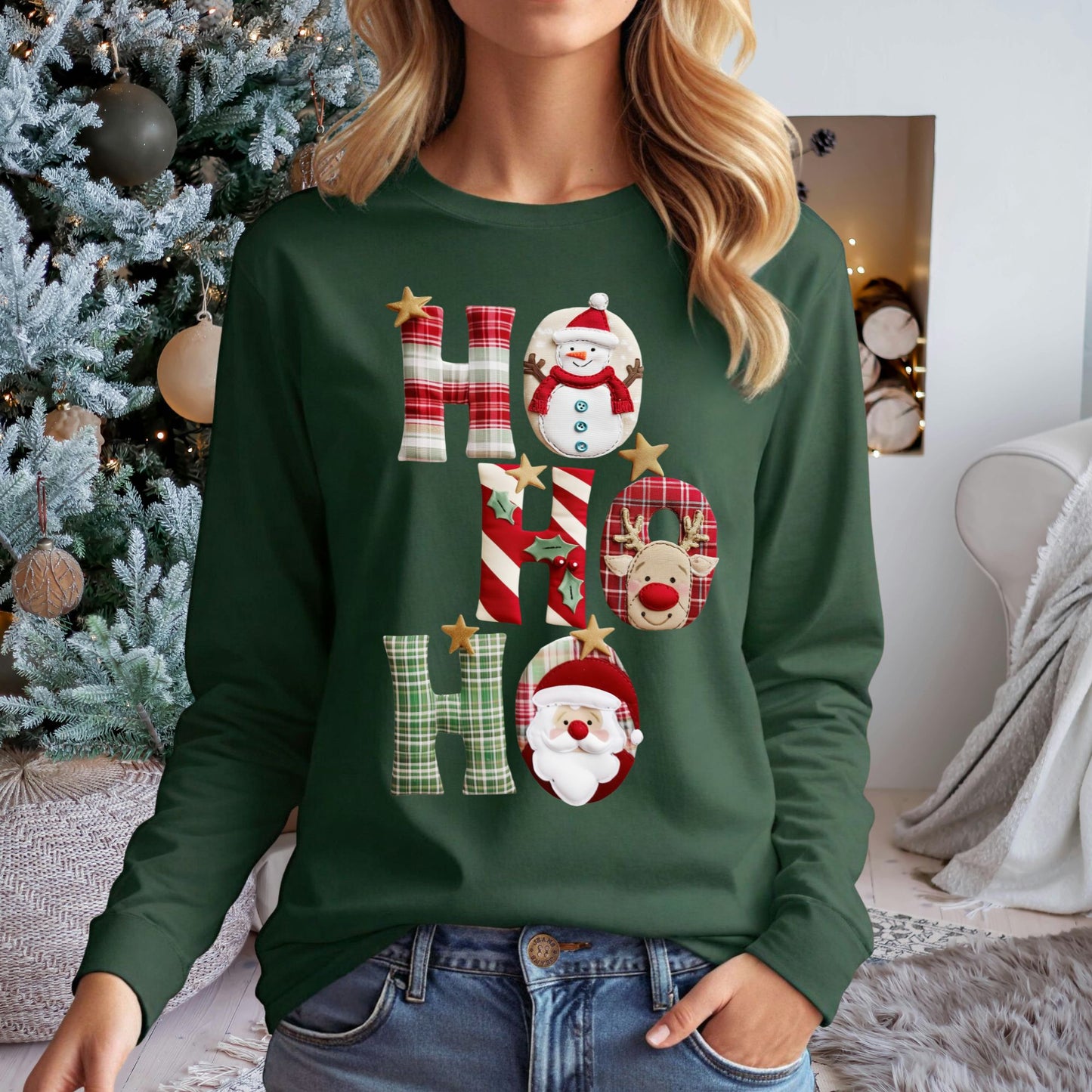 Faux Patchwork Ho Ho Ho Long Sleeve Tee