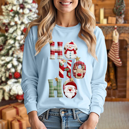 Faux Patchwork Ho Ho Ho Long Sleeve Tee