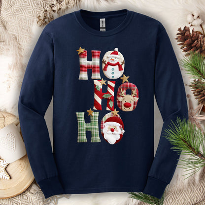 Navy long sleeve tee with faux patchwork "Ho Ho Ho" design featuring Santa, Rudolph, and a snowman.