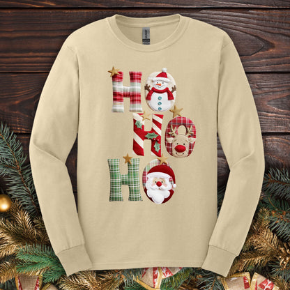 Sand long sleeve tee with faux patchwork "Ho Ho Ho" design featuring Santa, Rudolph, and a snowman.