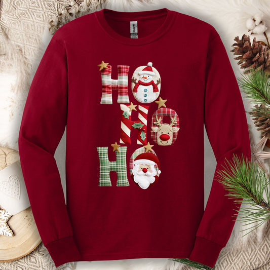 Cardinal Red long sleeve tee with faux patchwork "Ho Ho Ho" design featuring Santa, Rudolph, and a snowman.