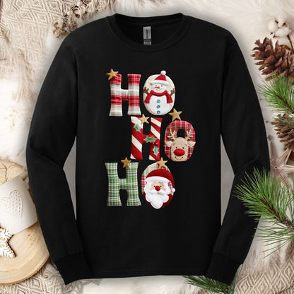 Black long sleeve tee with faux patchwork "Ho Ho Ho" design featuring Santa, Rudolph, and a snowman.