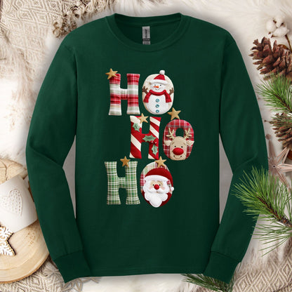 Forest Green 100% cotton long sleeve tee with faux patchwork "Ho Ho Ho" featuring Santa, Rudolph, and a snowman.