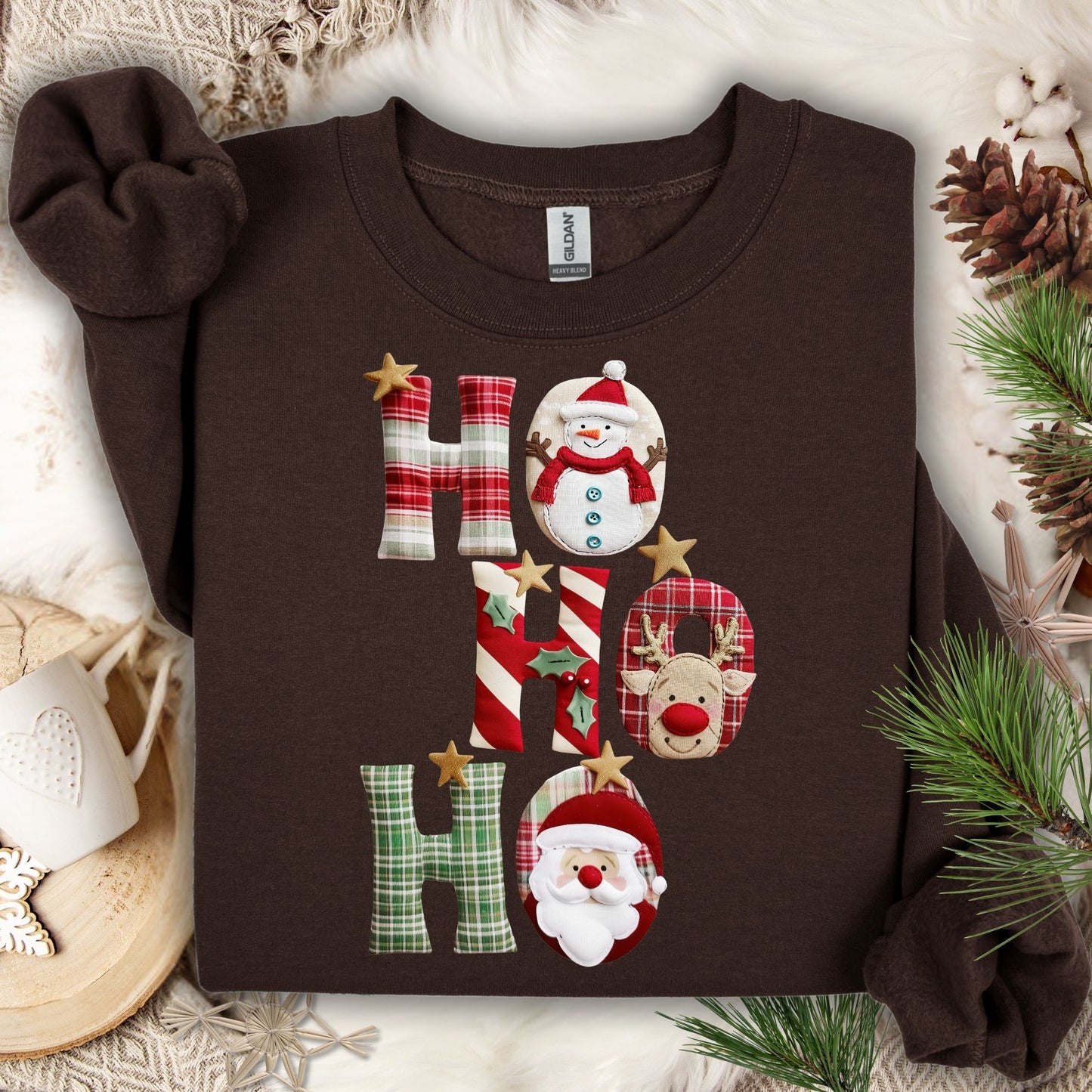 Dark Chocolate Gildan sweatshirt with faux patchwork "Ho Ho Ho" featuring Santa, Rudolph, and a snowman.