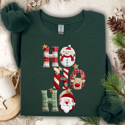 Forest Green Gildan sweatshirt with faux patchwork "Ho Ho Ho" design featuring Santa, Rudolph, and a snowman.
