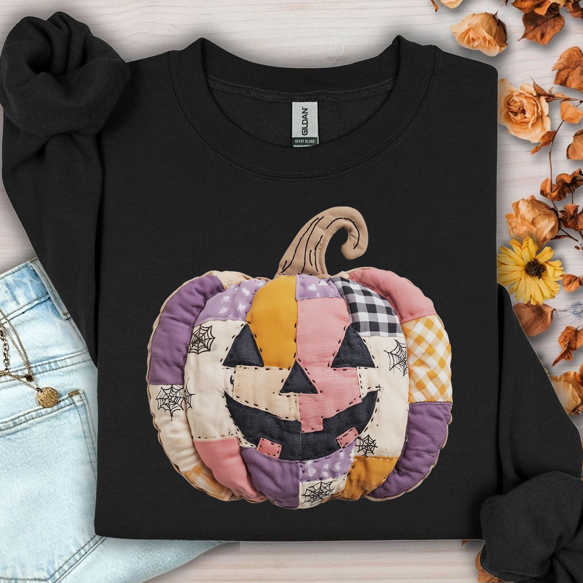 Faux Patchwork Jack-O-Lantern Sweatshirt