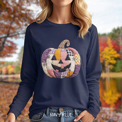 Faux Patchwork Jack-o'-Lantern Long Sleeve Tee