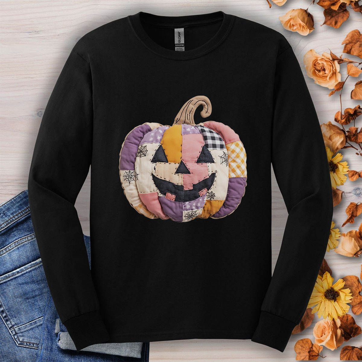 Faux Patchwork Jack-o'-Lantern Long Sleeve Tee