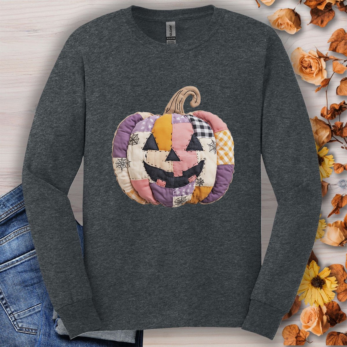 Faux Patchwork Jack-o'-Lantern Long Sleeve Tee