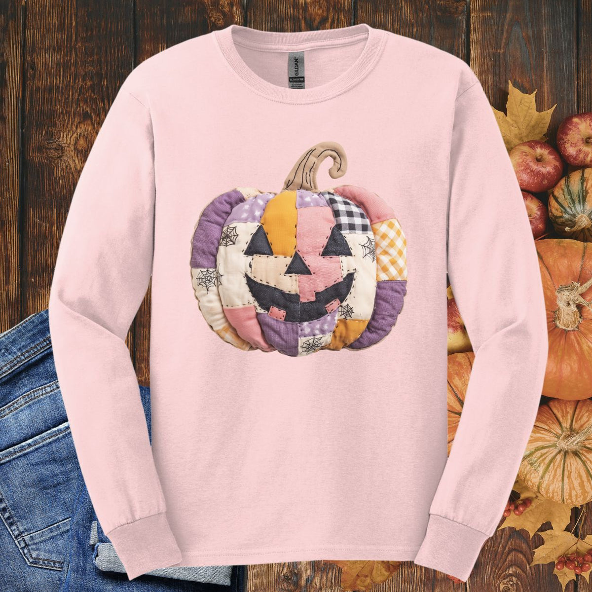 Faux Patchwork Jack-o'-Lantern Long Sleeve Tee