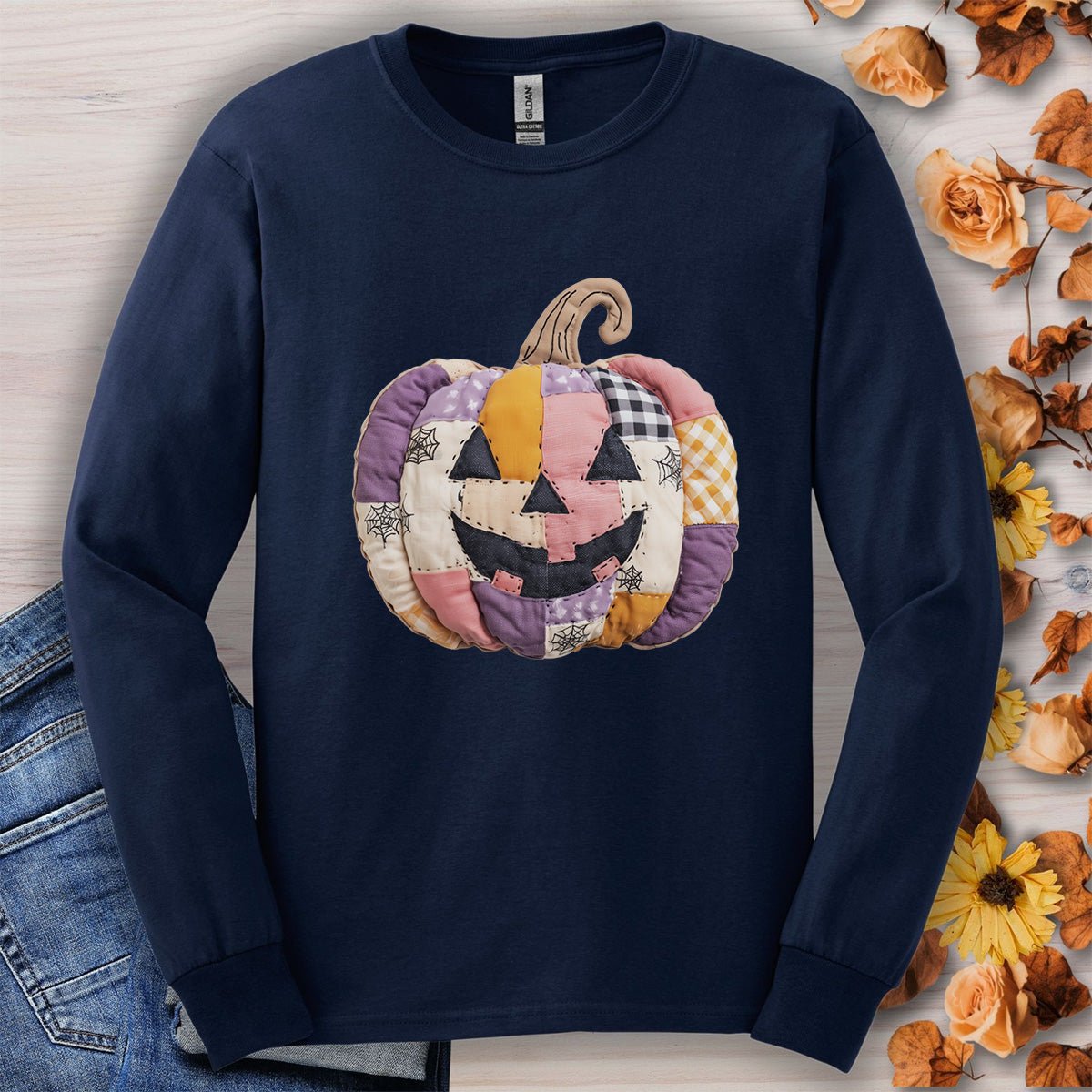 Faux Patchwork Jack-o'-Lantern Long Sleeve Tee