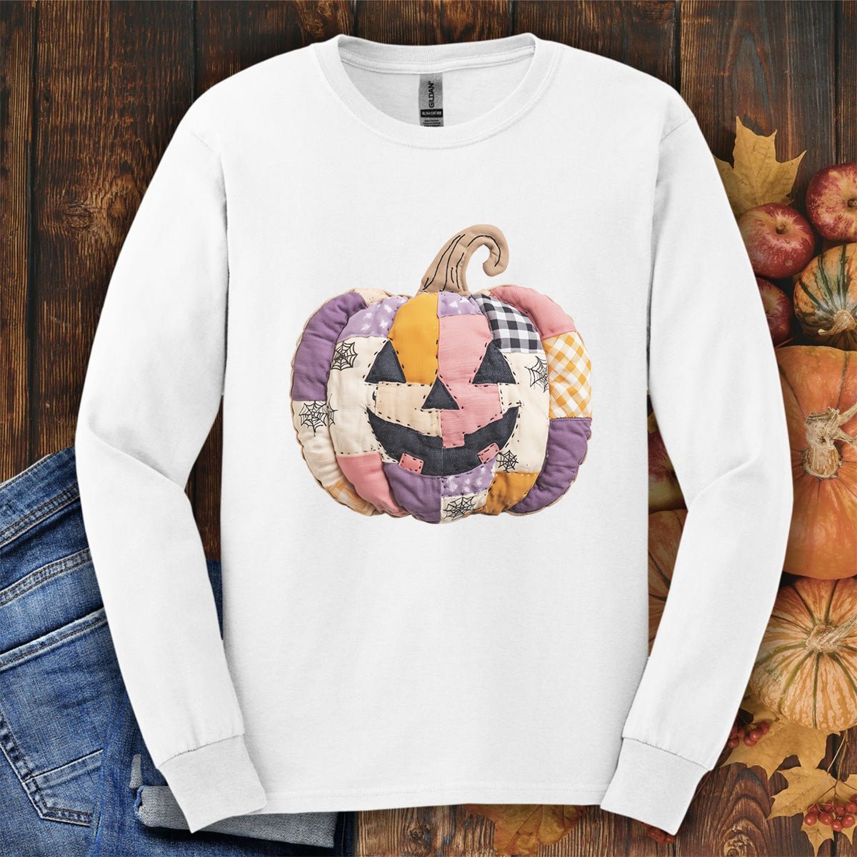 Faux Patchwork Jack-o'-Lantern Long Sleeve Tee