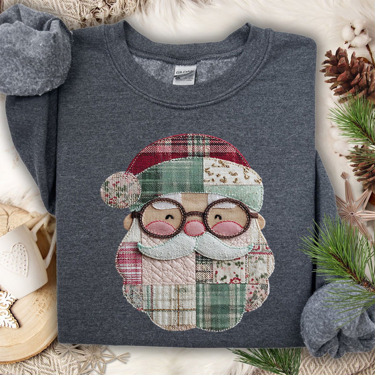 Faux Patchwork Plaid Santa Sweatshirt