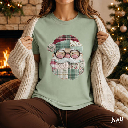 Faux Patchwork Plaid Santa T-Shirt
