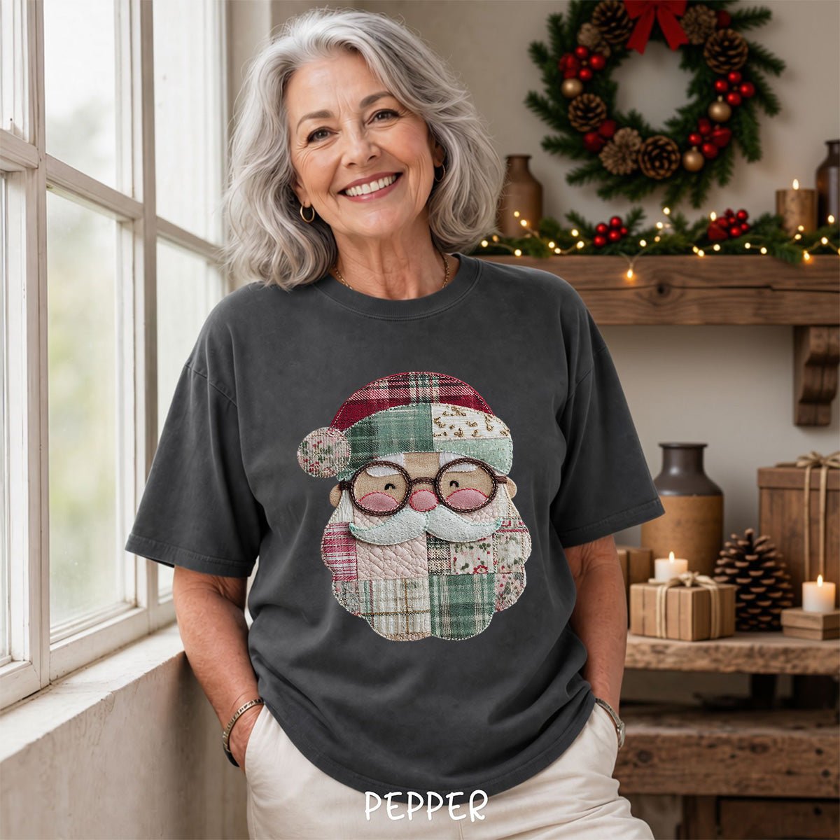 Faux Patchwork Plaid Santa T-Shirt
