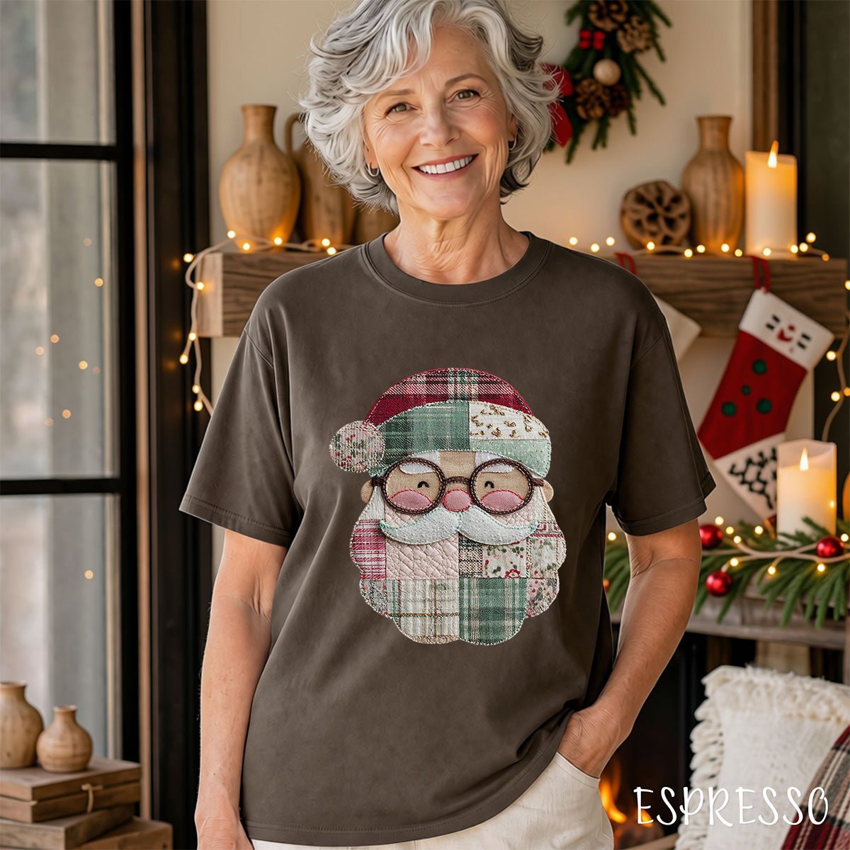 Faux Patchwork Plaid Santa T-Shirt