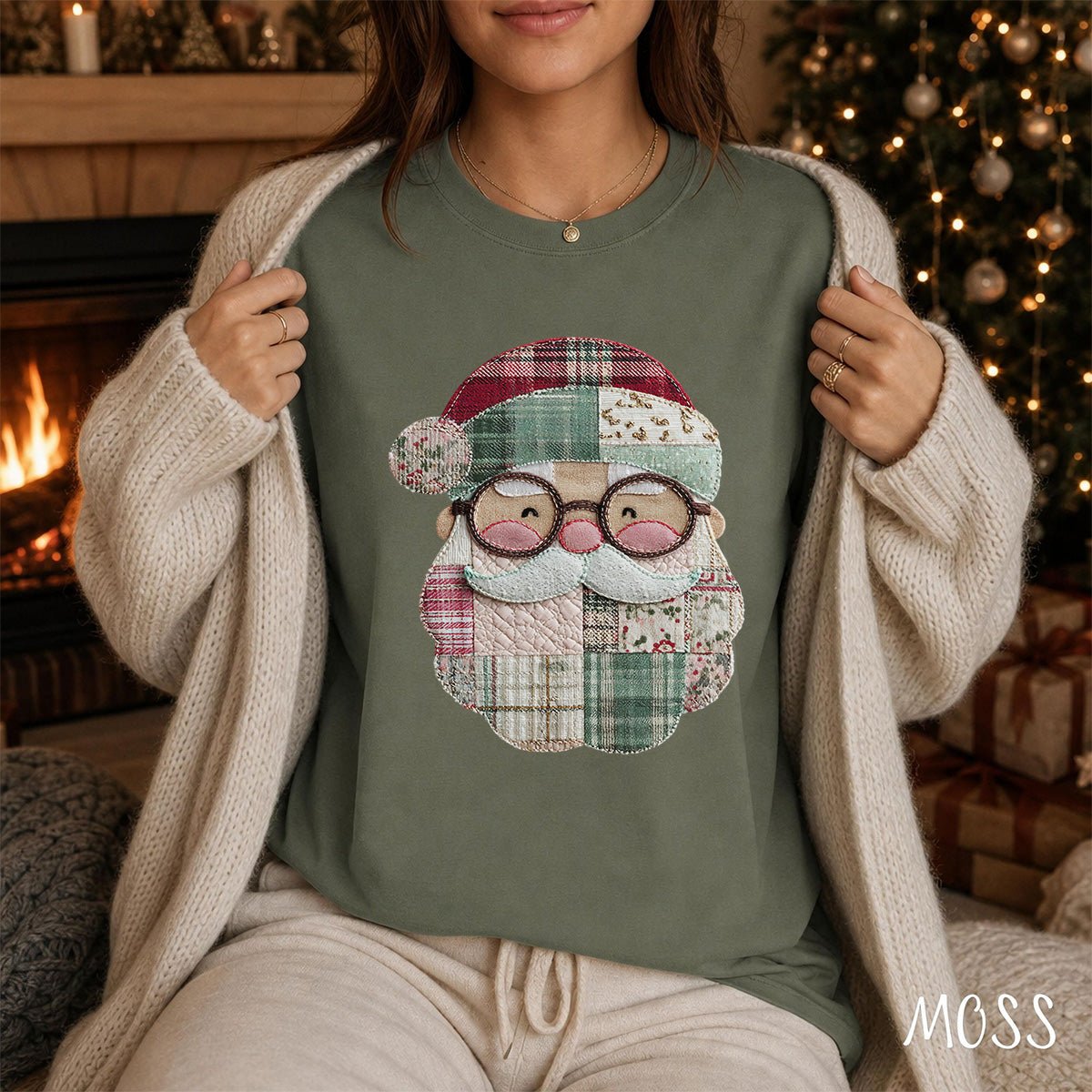 Faux Patchwork Plaid Santa T-Shirt