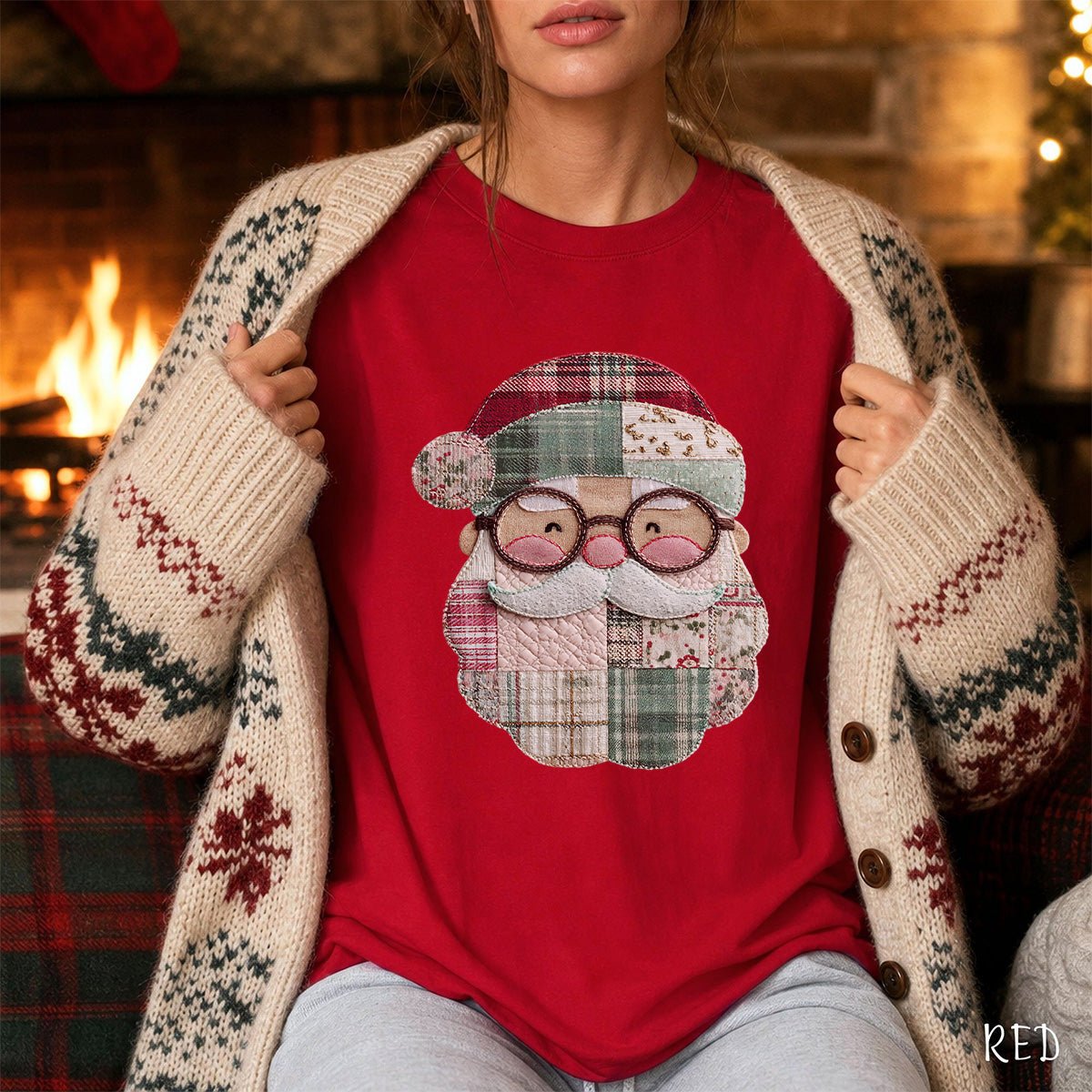 Faux Patchwork Plaid Santa T-Shirt