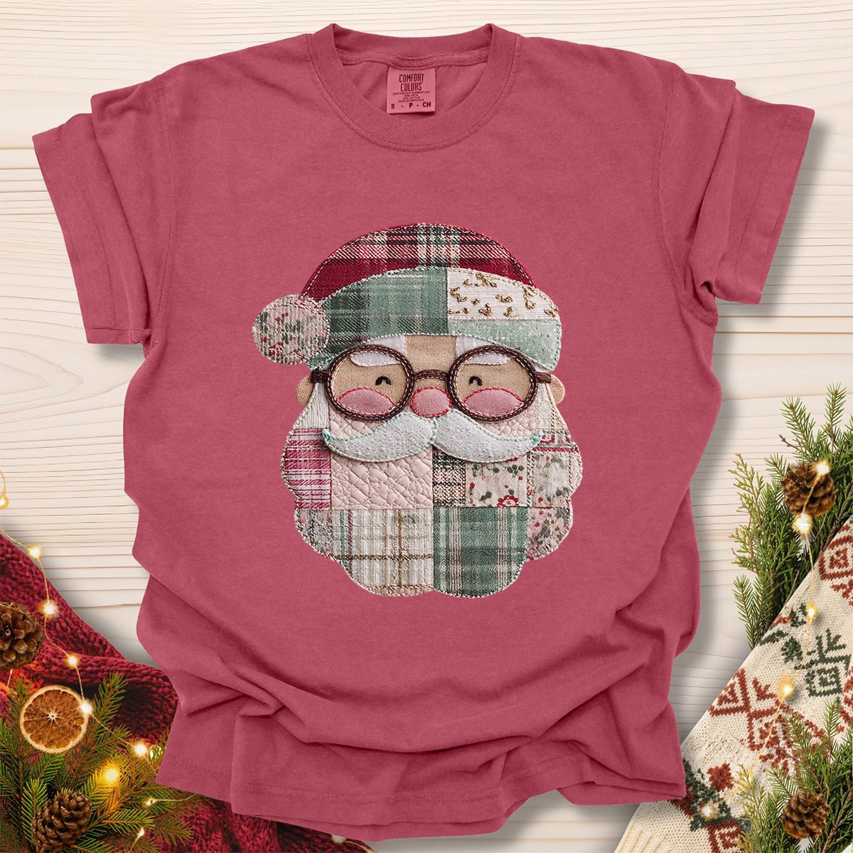 Faux Patchwork Plaid Santa T-Shirt