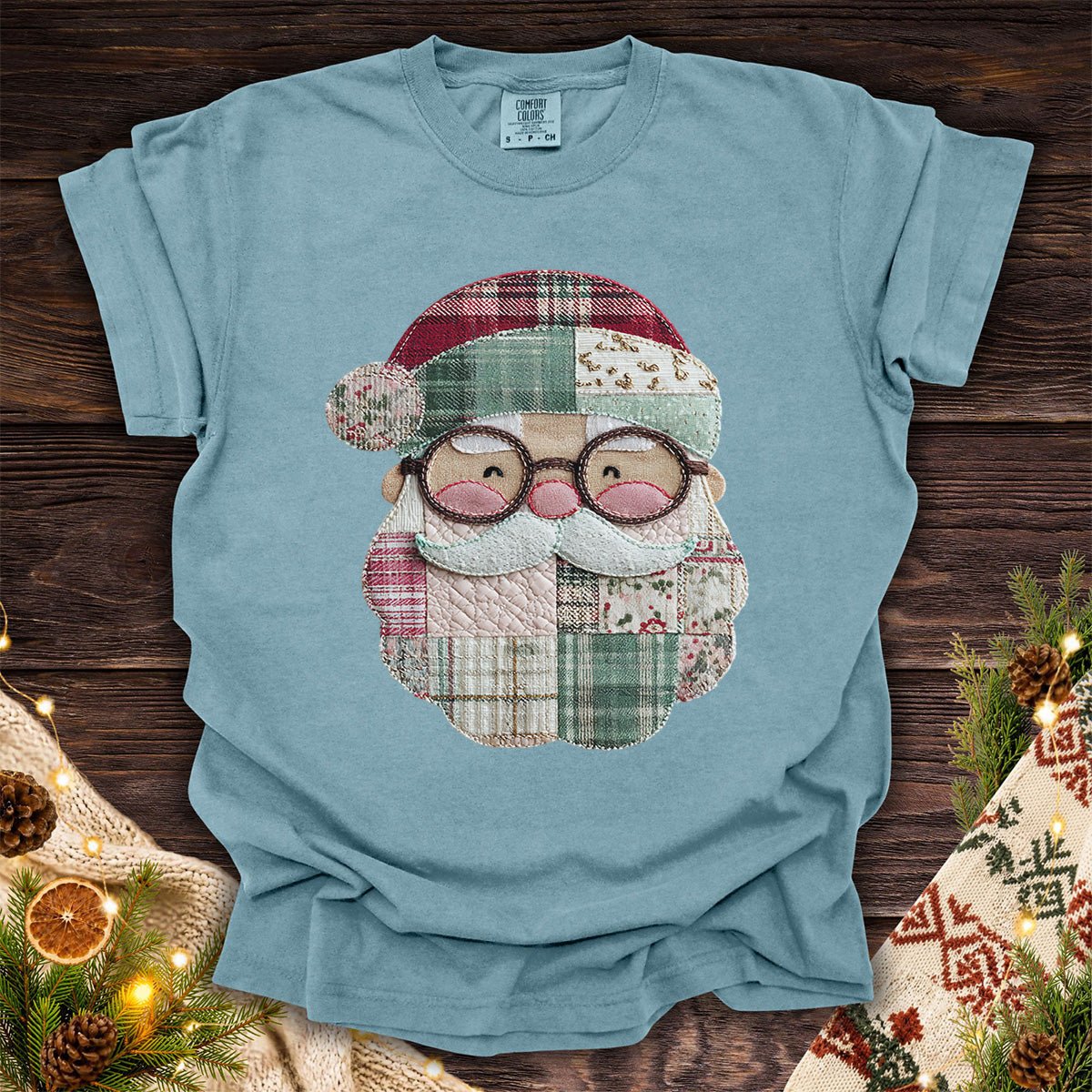 Faux Patchwork Plaid Santa T-Shirt