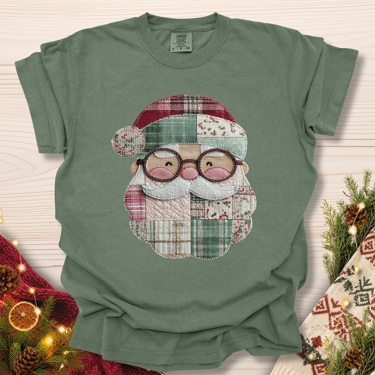 Faux Patchwork Plaid Santa T-Shirt