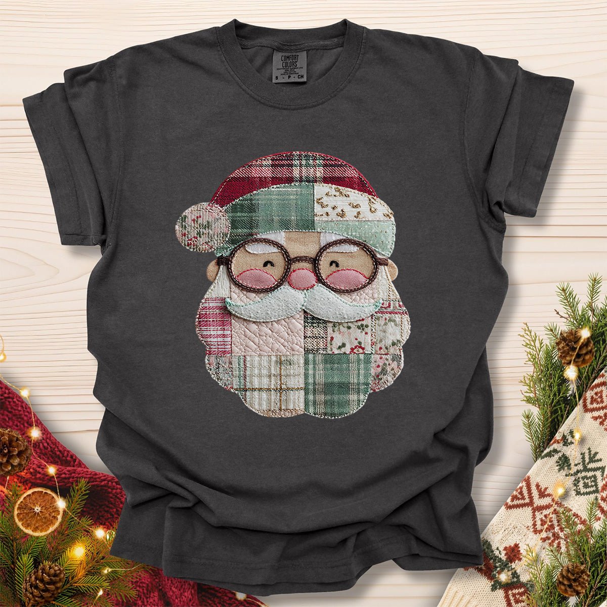Faux Patchwork Plaid Santa T-Shirt