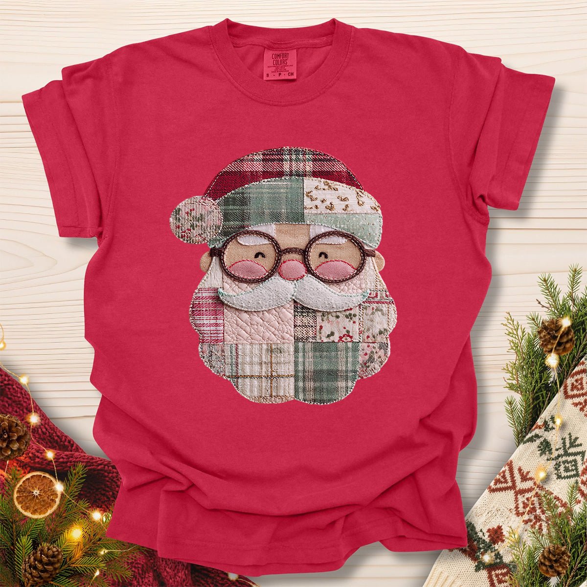 Faux Patchwork Plaid Santa T-Shirt