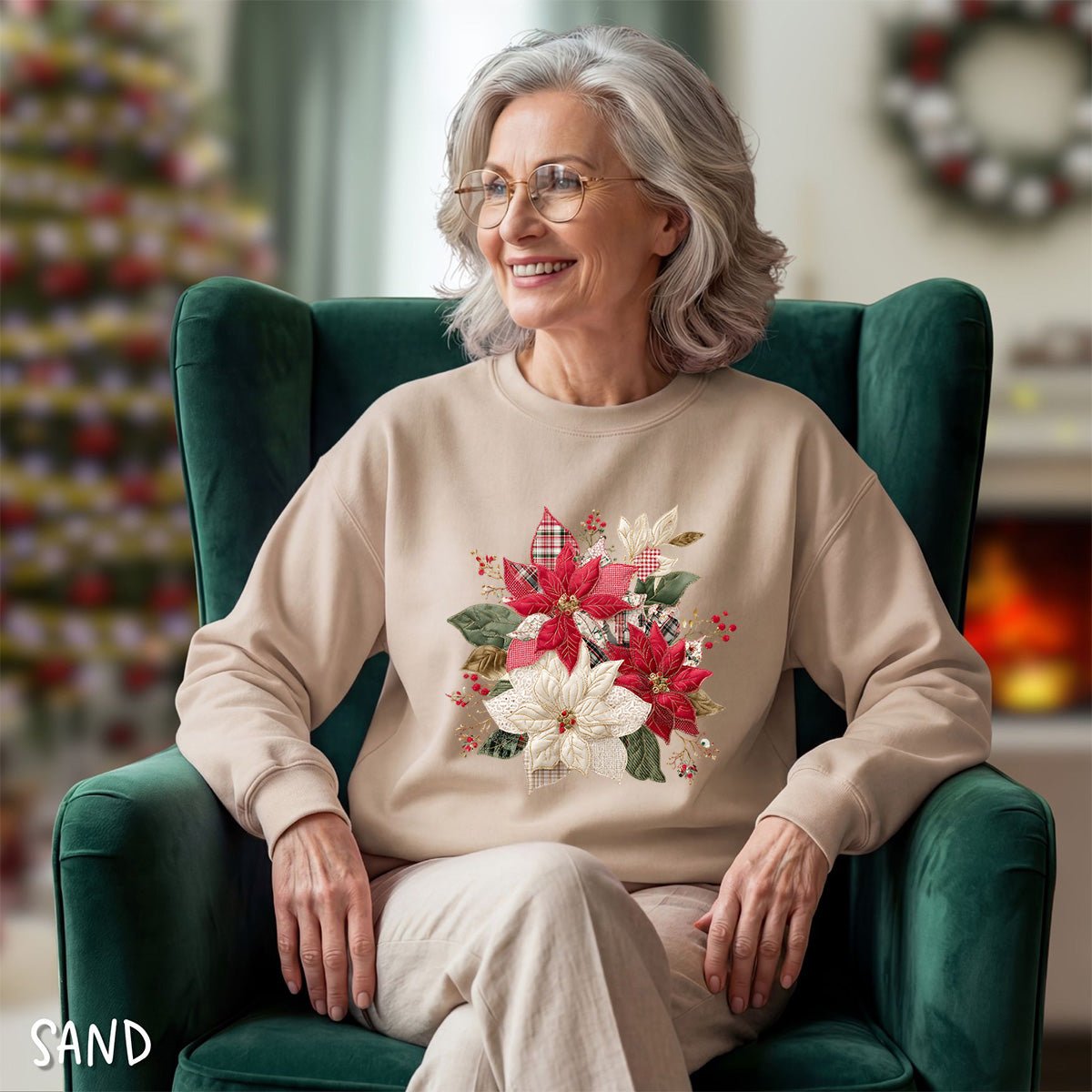 Faux Patchwork Poinsettia Bouquet Sweatshirt