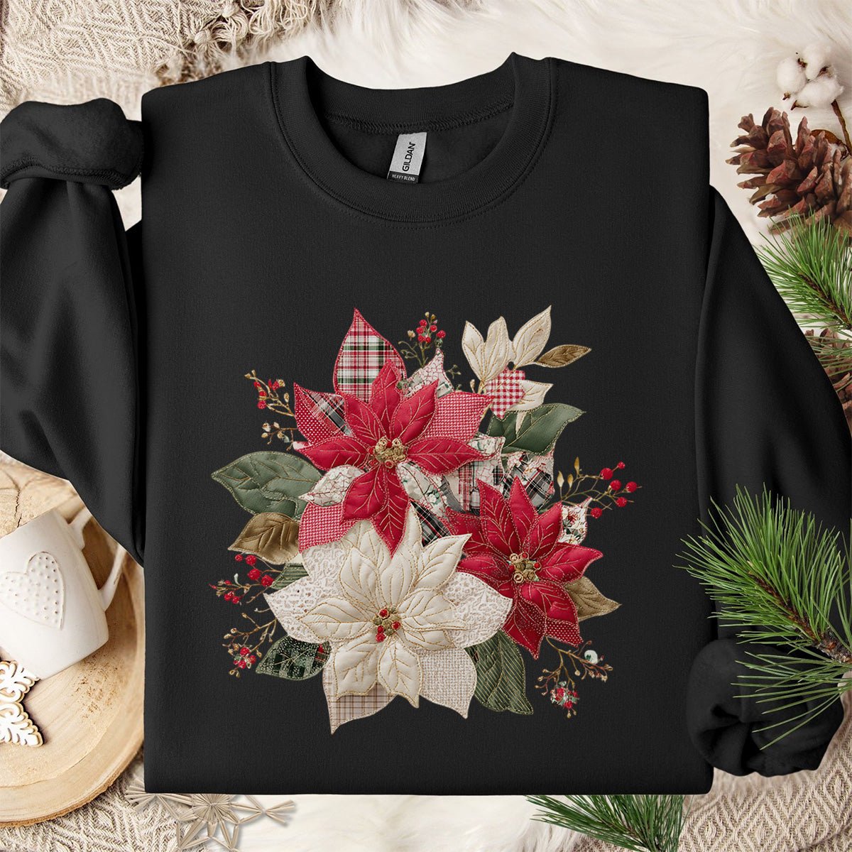Faux Patchwork Poinsettia Bouquet Sweatshirt