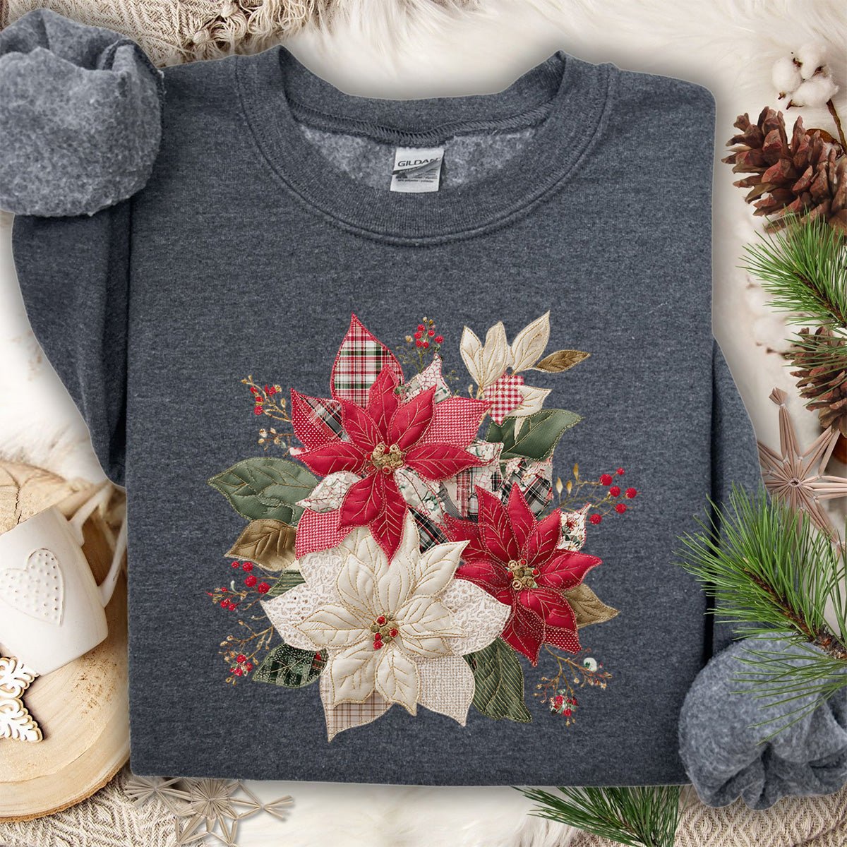 Faux Patchwork Poinsettia Bouquet Sweatshirt