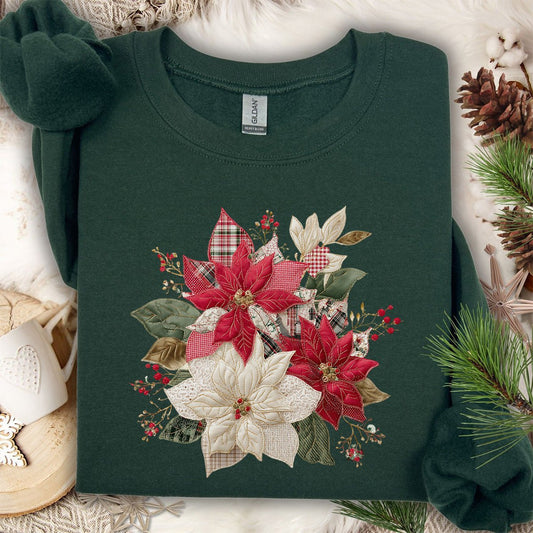 Faux Patchwork Poinsettia Bouquet Sweatshirt