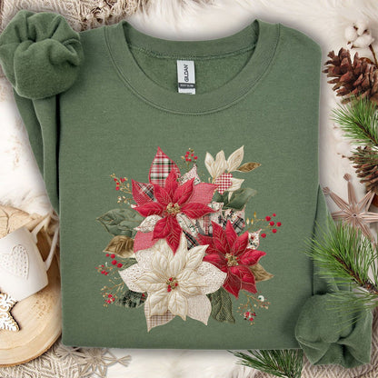 Faux Patchwork Poinsettia Bouquet Sweatshirt
