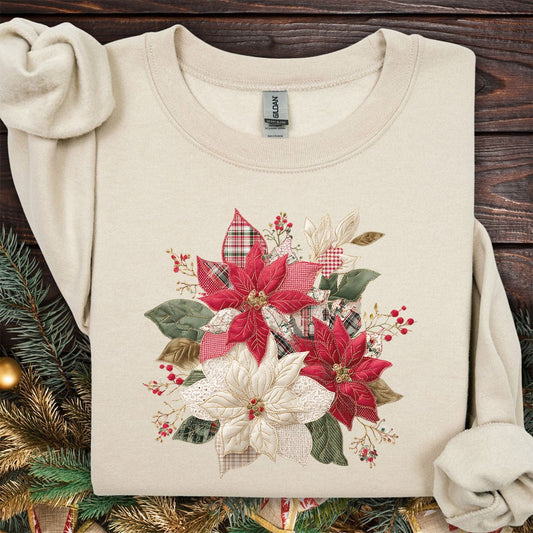 Faux Patchwork Poinsettia Bouquet Sweatshirt