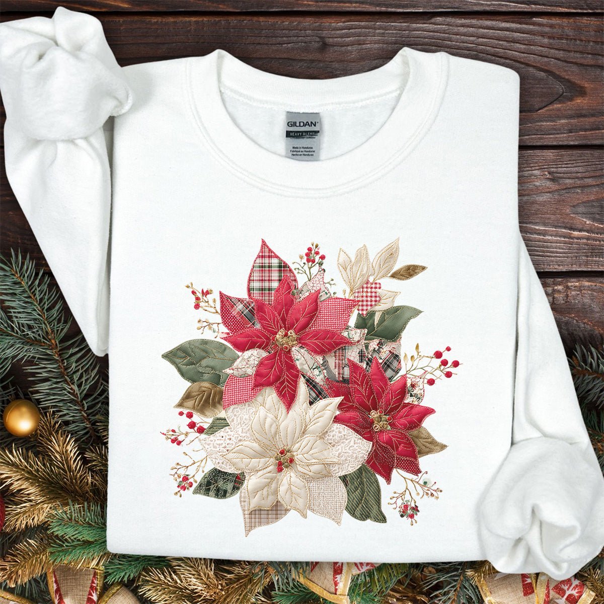 Faux Patchwork Poinsettia Bouquet Sweatshirt