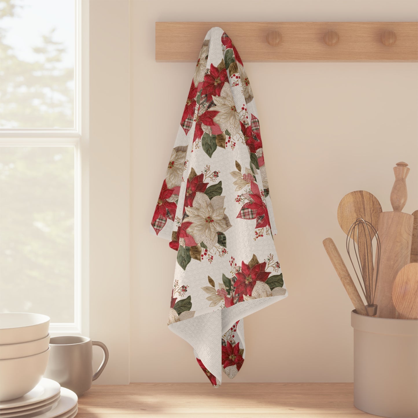 Faux Patchwork Poinsettia Holiday Tea Towel