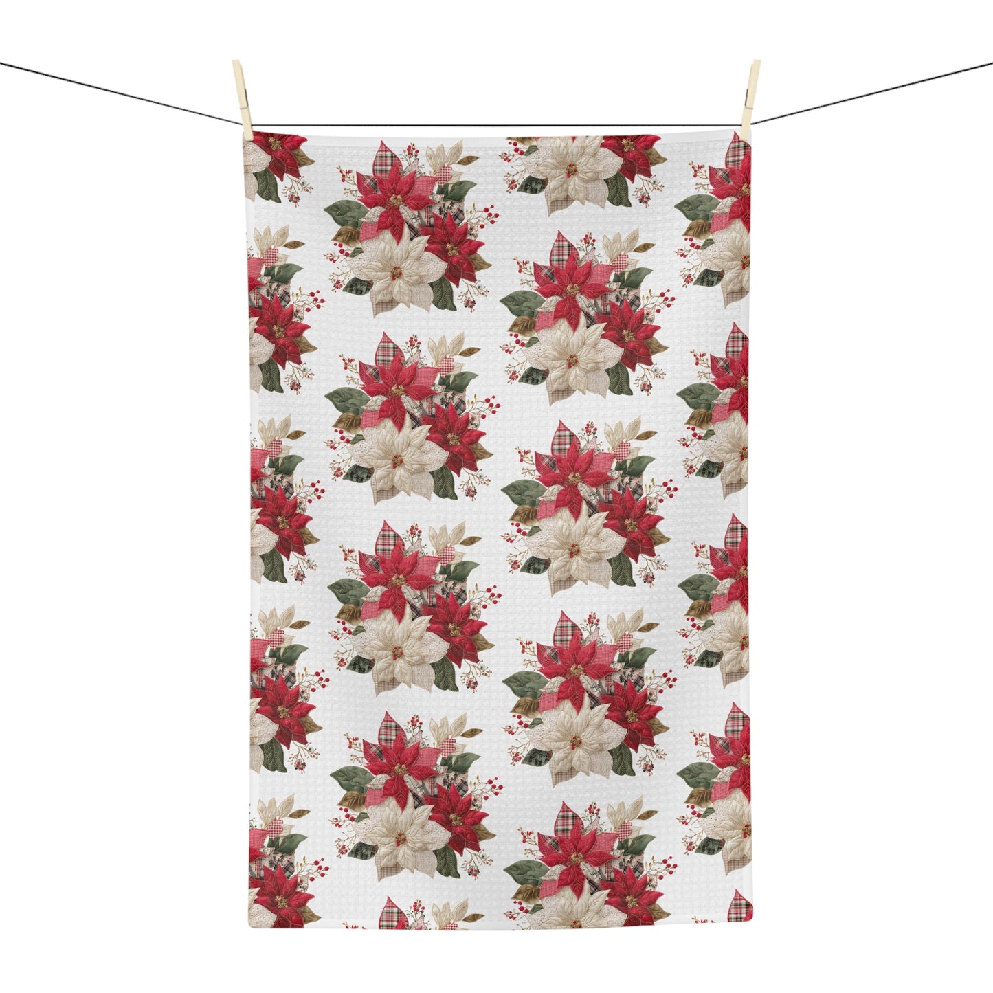 Faux Patchwork Poinsettia Holiday Tea Towel