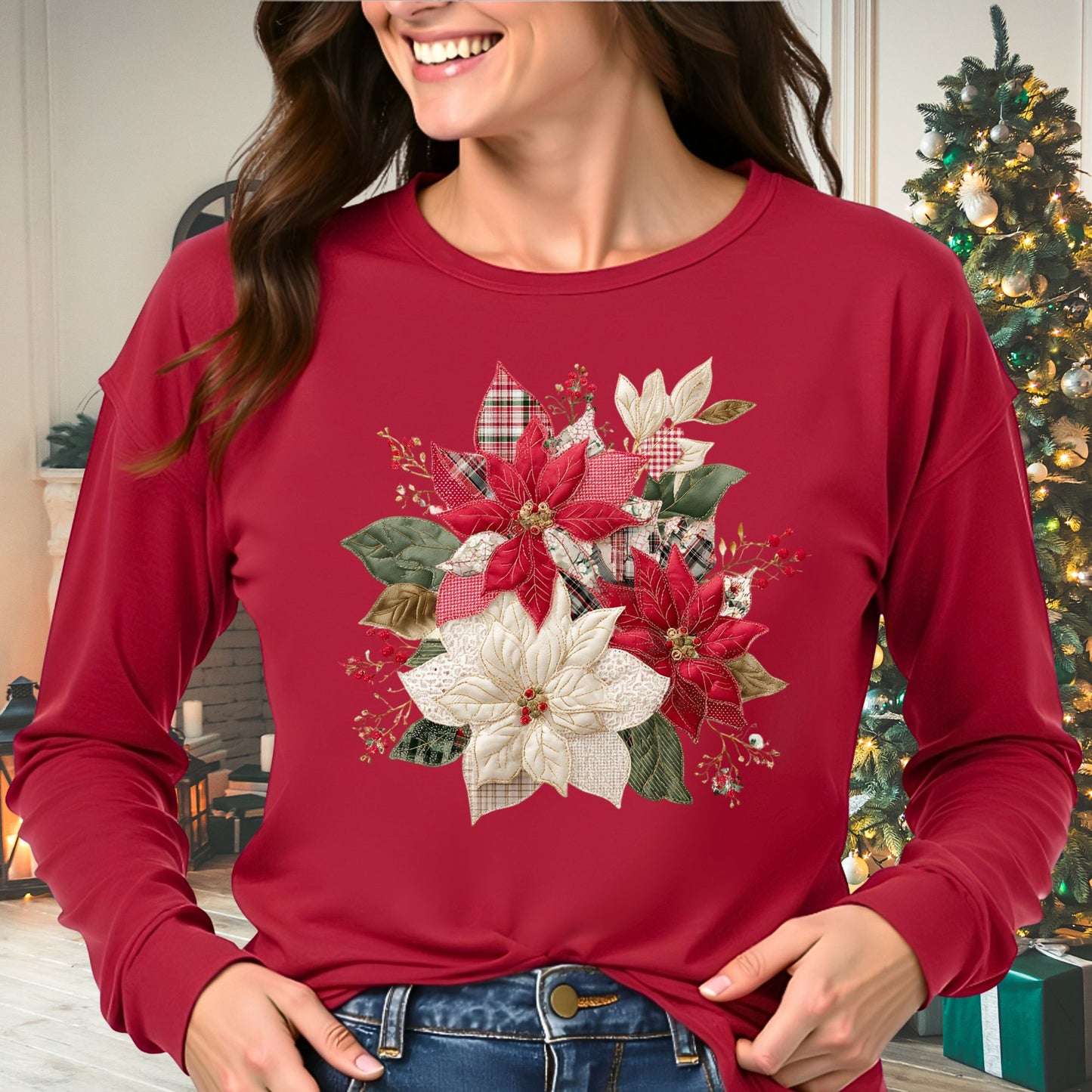 Faux Patchwork Poinsettia Long Sleeve Tee