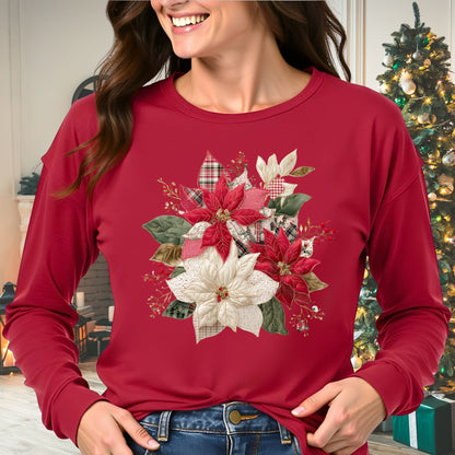 Faux Patchwork Poinsettia Long Sleeve Tee