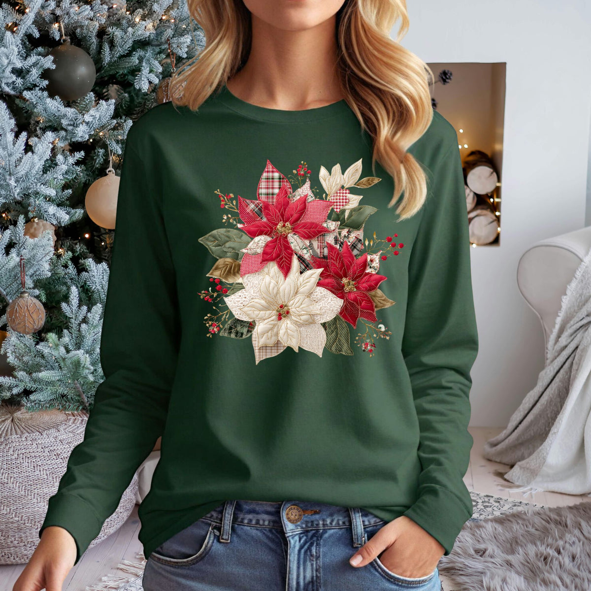 Green long sleeve tee with a faux patchwork poinsettia design featuring red plaid, white gingham, and rustic country fabrics.