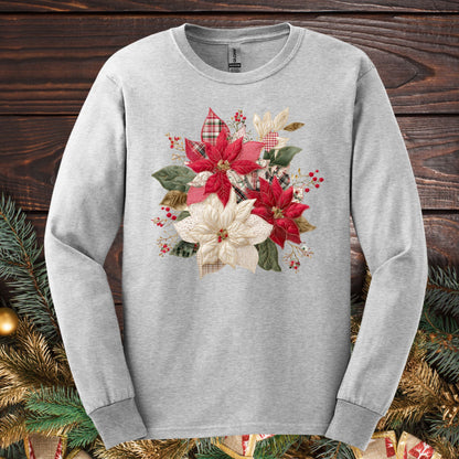 Ash long sleeve tee with a faux patchwork poinsettia design featuring red, white, gingham, and plaid fabrics.