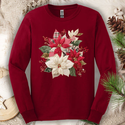 Cardinal Red long sleeve tee with a faux patchwork poinsettia design featuring red, white, gingham, and plaid.