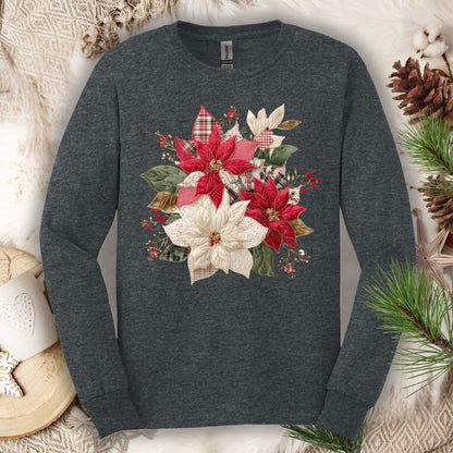 Dark Heather long sleeve tee with a faux patchwork poinsettia design featuring red plaid and cream gingham.