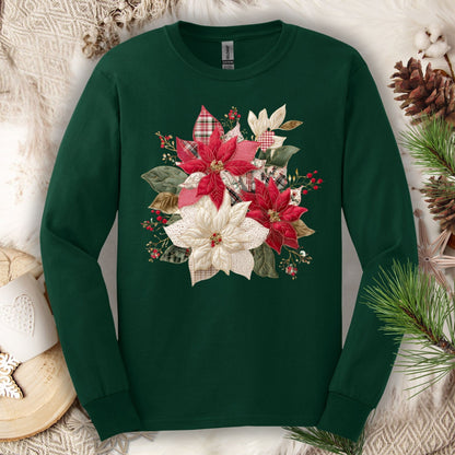 Forest Green long sleeve tee with a faux patchwork poinsettia design featuring red plaid and cream gingham.