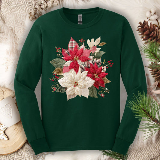 Forest Green long sleeve tee with a faux patchwork poinsettia design featuring red plaid and cream gingham.