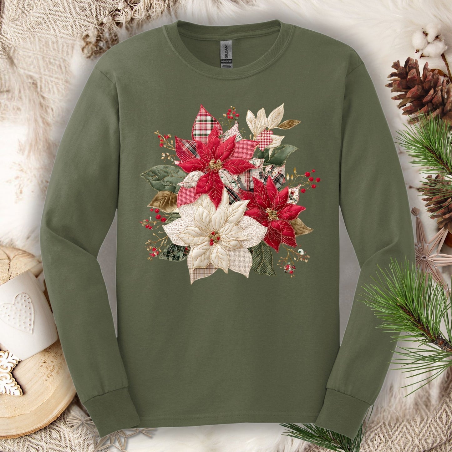 Military green long sleeve tee with a faux patchwork poinsettia design featuring red plaid and cream gingham.