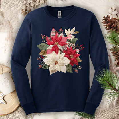 Navy long sleeve tee with a faux patchwork poinsettia design featuring red, cream, gingham, and plaid fabrics.