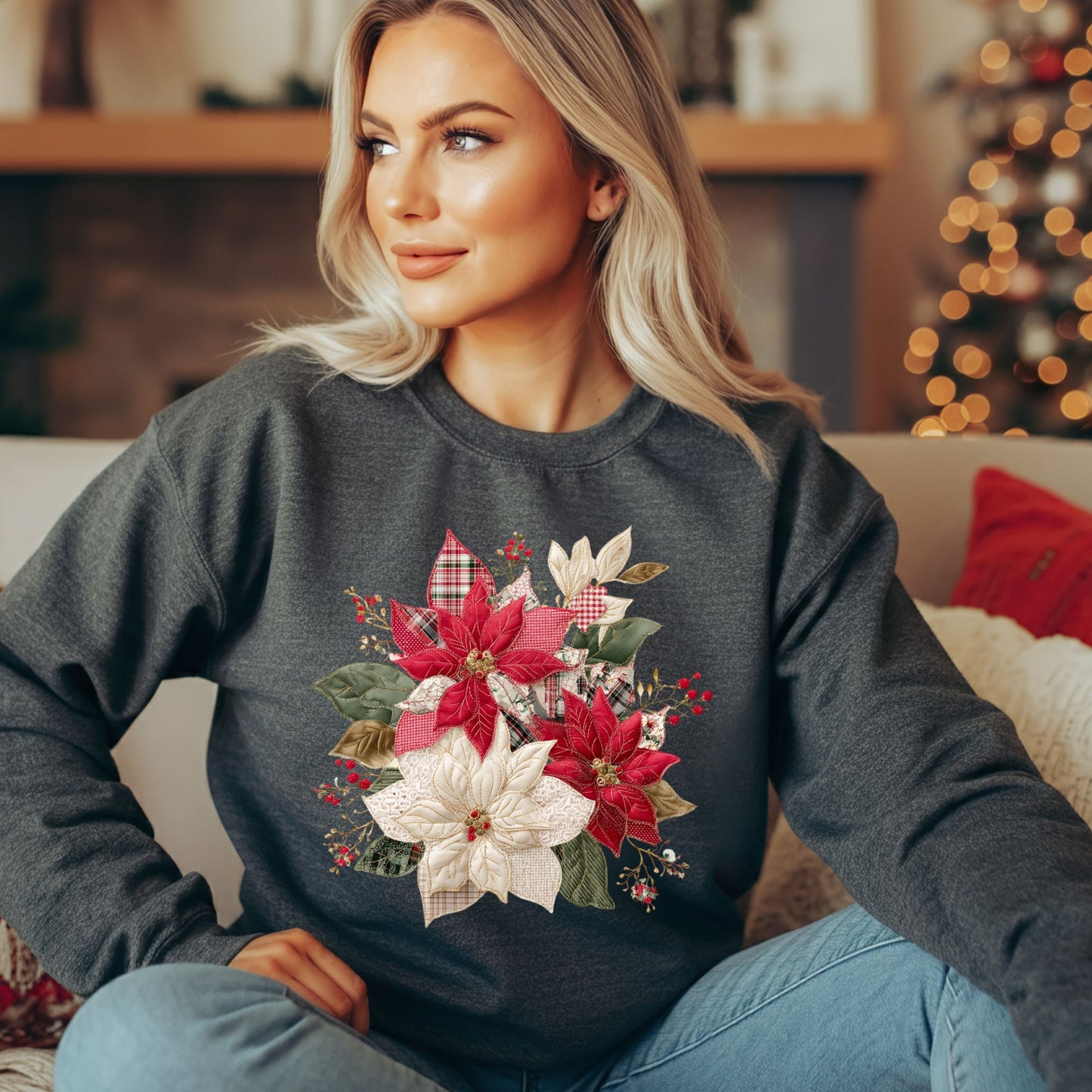 Faux Patchwork Poinsettia Sweatshirt
