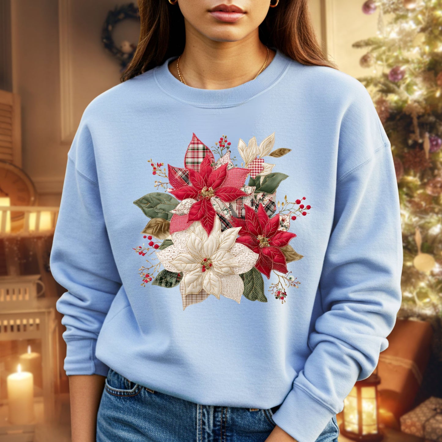 Faux Patchwork Poinsettia Sweatshirt