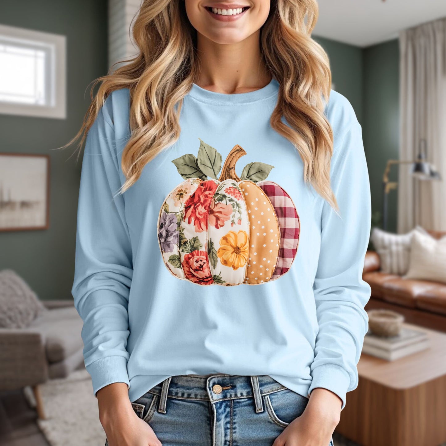Faux Patchwork Pumpkin Long Sleeve Tee
