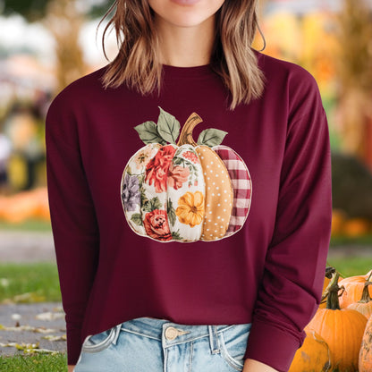 Faux Patchwork Pumpkin Long Sleeve Tee